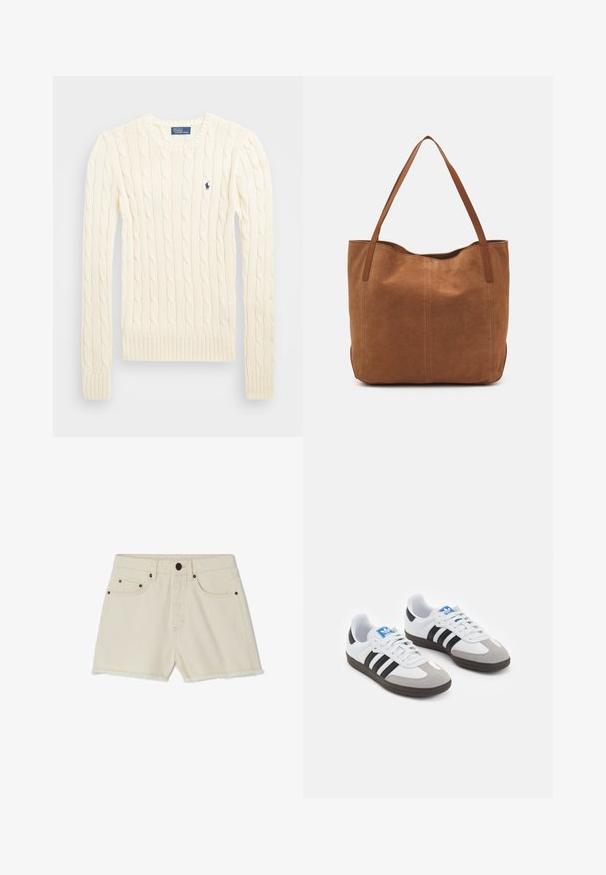 Suéter crema de punto trenzado con manga larga, puños y dobladillo acanalados, que presenta un pequeño logo bordado en el lado izquierdo del pecho.; Bermudas de mezclilla en color blanco roto con un dobladillo deshilachado, cinco bolsillos y detalles metálicos. Presentan una cintura clásica y un ajuste relajado.; Zapatillas deportivas con parte superior de piel blanca, puntera de ante gris y tres rayas negras. Presentan un logo azul en la lengüeta y una suela de goma texturizada.; Bolso tote de ante marrón con dos asas largas, que presenta una textura suave, un diseño simple y sin herrajes ni acentos visibles.