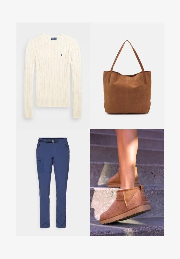 Krem pulover s kablom in dolgimi rokavi, žebljarji na manšetah in ob robu, vsebuje majhen izvezen logotip na levem prsnem delu.; Mornarsko modri zunanji hlače s prilegajočim dizajnom, ki vsebujejo več žepov, pas in ojačana področja za vzdržljivost. Raztegljiv material.; Svetlosive nobuck gležnjarji z mehko teksturo, všitimi detajli in gumijastim podplatom, z zanko na peti za enostavno obuvanje.; Rjava nubuk torba z dvema dolgima ročajema, ki ima gladko teksturo, preprost dizajn in brez vidnih kovinskih delov ali okrasov.