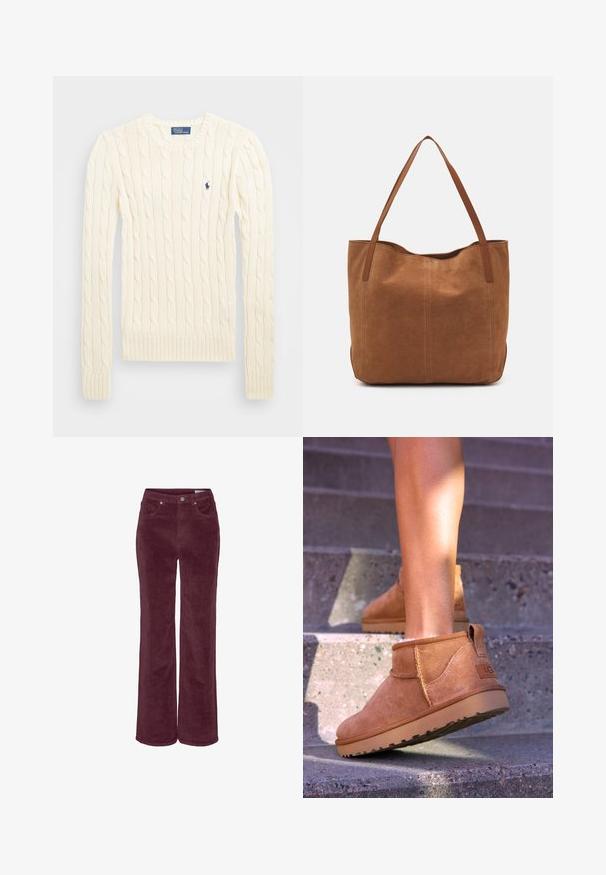 Kreminė megzta palaidinė su ilgomis rankovėmis, gumbuotais rankogaliais ir apačia, su nedideliu išsiuvinėtų logotipu kairiajame krūtinės kampe.; Kordurokso kelnės su plačiomis kojų apačiomis, gilia burgundiško atspalvio. Yra priekinių kišenių ir diržo kilpų, tekstūruota audinio apdaila.; Samaniniai suknelės auliniai batai su minkšta tekstūra, siūlės detalėmis ir guminiu padu, su kilpiniu kulnu, kad būtų patogu užsivilkti.; Ruda zomšos pasukta rankinė su dviem ilgomis rankenomis, pasižyminti lygiu paviršiumi, paprastu dizainu ir be matomų detalių ar akcentų.