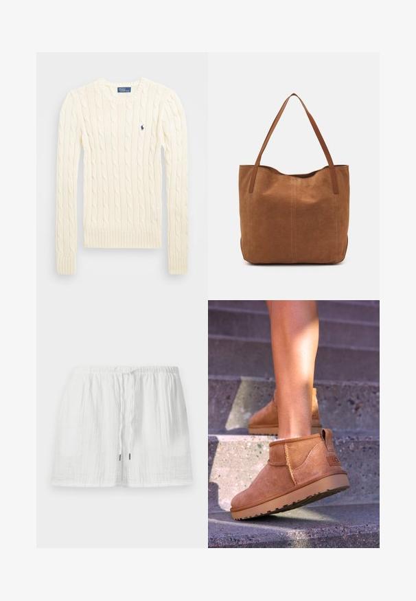 Maglione crema a costine con maniche lunghe, polsini e orlo a coste, caratterizzato da un piccolo logo ricamato sul lato sinistro del petto.; Pantaloni corti leggeri in cotone bianco con vita elasticizzata e cordoncino regolabile, caratterizzati da un tessuto testurizzato e una vestibilità comoda.; Stivali alla caviglia in suede beige con una consistenza morbida, dettagli cuciti e suola in gomma, dotati di un tacco ad anello per una facile vestibilità.; Borsa a spalla in suede marrone con due manici lunghi, caratterizzata da una texture liscia, design semplice e senza hardware o dettagli visibili.
