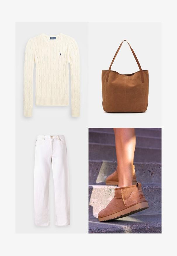 Maglione crema a costine con maniche lunghe, polsini e orlo a coste, caratterizzato da un piccolo logo ricamato sul lato sinistro del petto.; Jeans in denim bianco con una vestibilità relaxed, gamba dritta, design a cinque tasche e chiusura con bottone. Presenta cuciture visibili e hardware minimale.; Stivali alla caviglia in suede beige con una consistenza morbida, dettagli cuciti e suola in gomma, dotati di un tacco ad anello per una facile vestibilità.; Borsa a spalla in suede marrone con due manici lunghi, caratterizzata da una texture liscia, design semplice e senza hardware o dettagli visibili.