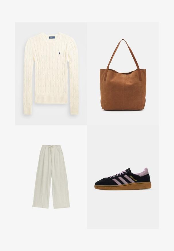 Kremowy sweter w splot kabelkowy z długimi rękawami, ściągaczami przy mankietach i u dołu, z małym haftowanym logo na lewej piersi.; Lnurowe spodnie o szerokich nogawkach w jasnym beżu z elastycznym pasem i sznurkiem do regulacji. Charakteryzują się luźnym, swobodnym krojem oraz teksturowaną powierzchnią.; Czarno-różowe sneakersy z zamszu z gumową podeszwą, trzema różowymi paskami, złotym logiem "SPEZIAL" oraz teksturowaną podeszwą z gumy. Niskoprofilowy design.; Brązowa zamszowa torba tote z dwoma długimi uchwytami, charakteryzująca się gładką teksturą, prostym wzornictwem oraz brakiem widocznych elementów metalowych czy akcentów.