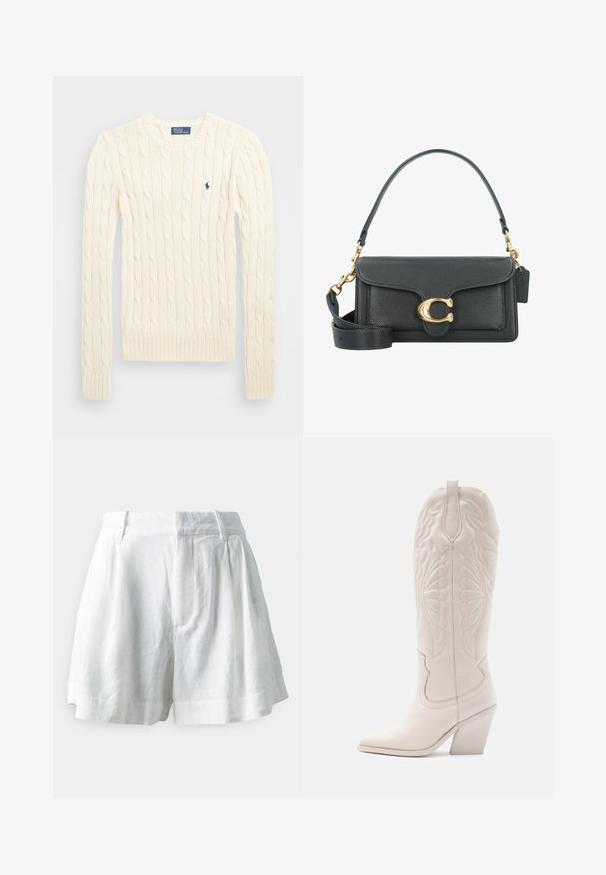 Pulover crem tricotat cu cablu, cu mâneci lungi, manșete și tiv ribdate, având un mic logo brodat pe pieptul stâng.; GAP Pantaloni scurți - new off white; Cizmă de cowboy din piele albă, cu bot ascuțit și toc blocat. Prezintă modele de cusături complicate pe catarg și o textură netedă.; Geantă de piele neagră cu un accent din fier forjat auriu, având un închizător semnătură, curea de umăr detașabilă și o suprafață texturată.