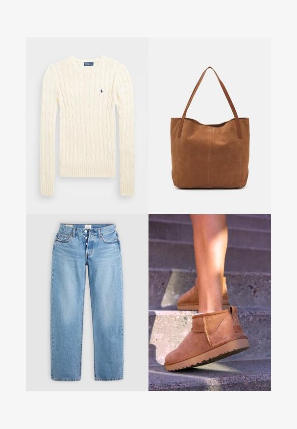 Krems krāsas adīts džempers ar garām piedurknēm, ribotām aprocēm un apakšmalu, ar nelielu izšūtu logotipu kreisajā krūtī.; Gai zilo denimu džinsi ar taisnu piegriezumu, piecām kabatām un pogu aizdari. Izceļas ar izšūtiem elementiem un tīru apakšmalu.; Dzeltenbrūnas zamšādas potīšu zābaciņi ar mīkstu tekstūru, izšūtu apdari un gumijas zoli, kas aprīkoti ar cilpu uz papēža ērtai uzvilkšanai.; Brūns zamša tote somas ar divām garām rokturiem, ar gludu tekstūru, vienkāršu dizainu un bez redzamām aparatūrām vai akcentiem.