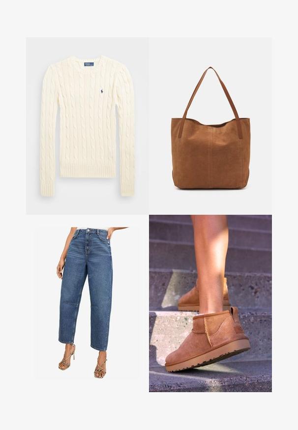 Suéter crema de punto trenzado con manga larga, puños y dobladillo acanalados, que presenta un pequeño logo bordado en el lado izquierdo del pecho.; Jeans de denim de cintura alta y pierna recta en un lavado azul medio. Presentan un diseño clásico de cinco bolsillos y detalles de costura sutiles.; Botas de tobillo de ante color beige con una textura suave, detalles de costura y una suela de goma, que cuentan con un tacón en bucle para facilitar su uso.; Bolso tote de ante marrón con dos asas largas, que presenta una textura suave, un diseño simple y sin herrajes ni acentos visibles.
