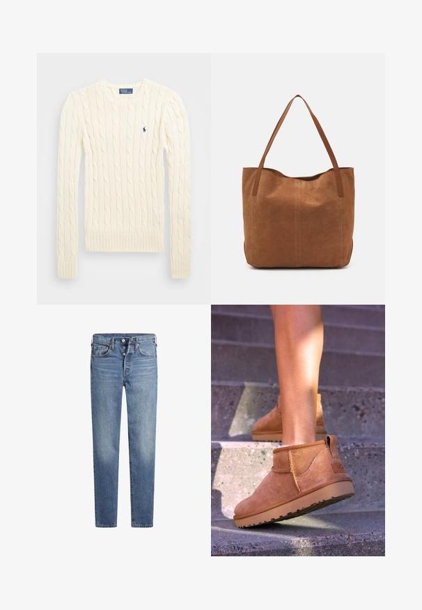 Krém színű, kabelmintás pulóver hosszú ujjal, bordás mandzsettával és aljjal, bal mellen egy kis hímzett logóval.; Világoskék, slim fit farmernadrág öt zsebes kialakítással, gombos záródással és elhalványulás részletekkel a lábszáron. Klasszikus varrási díszítések.; Barna nubuk bokacsizmák, puha textúrával, varrott részletekkel és gumitalpakkal, hurok alakú sarokkal a könnyű felvétel érdekében.; Barna velúr táska két hosszú fogantyúval, sima textúrával, egyszerű dizájnnal, és látható fém részek vagy díszítés nélkül.