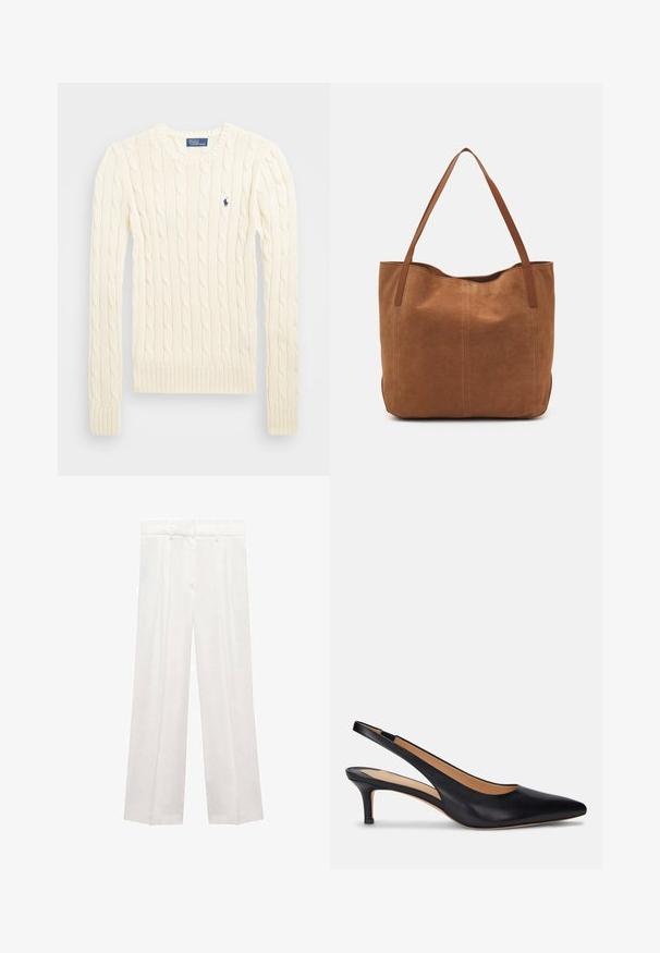 Krémový sveter s pleteným vzorom, dlhé rukávy, rebrované manžety a spodný lem, s malým vyšitým logom na ľavej hrudi.; Biele široké nohavice vyrobené z ľahkej tkaniny, s vysokým pásom, skladaním a prispôsobeným dizajnom. Hladká textúra s čistým spracovaním.; Čierne kožené sandále na podpätku s špicatou špičkou, nízkym kitten podpätkom a hladkou textúrou. Má otvorený zadný dizajn a minimálne švy.; Hnedá semišová taška s dvoma dlhými rukoväťami, s hladkou textúrou, jednoduchým dizajnom a bez viditeľného hardvéru alebo akcentov.