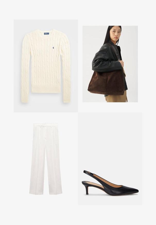 Pulover crem tricotat cu cablu, cu mâneci lungi, manșete și tiv ribdate, având un mic logo brodat pe pieptul stâng.; Pantaloni albi cu picioare largi, confecționați dintr-un material ușor, având talie înaltă, pliseuri și un design croit. Textură netedă cu un finisaj curat.; Pantofii slingback din piele neagră, cu vârful ascuțit, tocul mic și o textură netedă. Au un design cu spatele deschis și detalii de cusătură minime.; Femeie îmbrăcată cu o jachetă de piele neagră și pantaloni bej poartă o geantă mare din suede maro pe umăr.