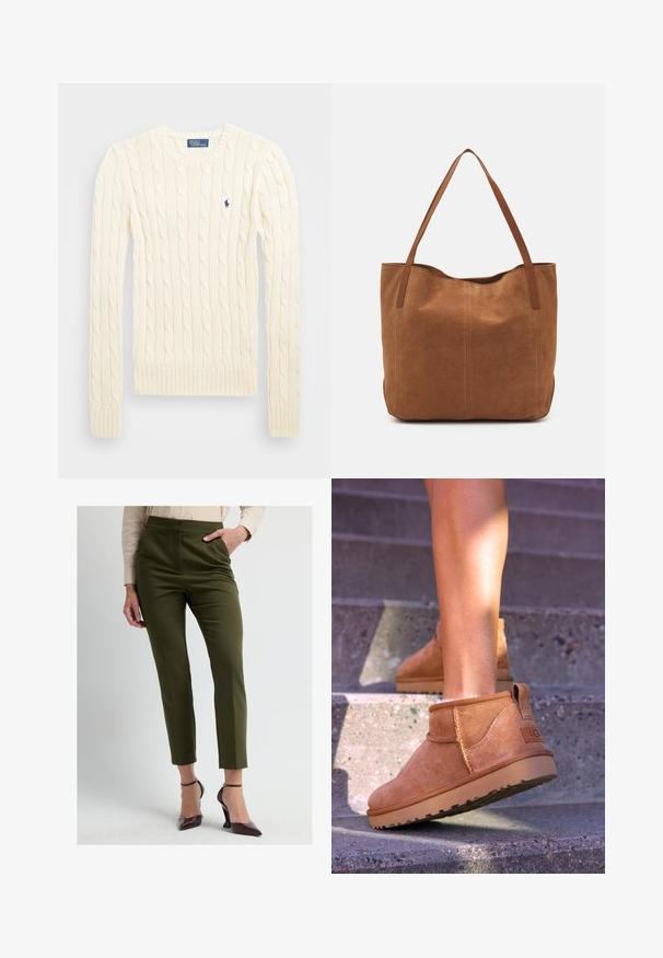 Cremefarbener kabelgehäkelter Pullover mit langen Ärmeln, gerippten Bündchen und Saum, mit einem kleinen gestickten Logo auf der linken Brust.; Olivgrüne, maßgeschneiderte Hose mit hoher Taille, zulaufenden Beinen und vorderen Nähten. Kombiniert mit burgunderfarbenen spitzen Schuhen und einer leichten Bluse.; Beige Wildleder-Ankelstiefel mit weicher Textur, gesteppten Details und einer Gummisohle, ausgestattet mit einer Schlaufe an der Ferse für einfaches An- und Ausziehen.; Braune Wildleder-Tote mit zwei langen Henkeln, die eine glatte Textur, ein einfaches Design und keine sichtbaren Beschläge oder Akzente aufweist.