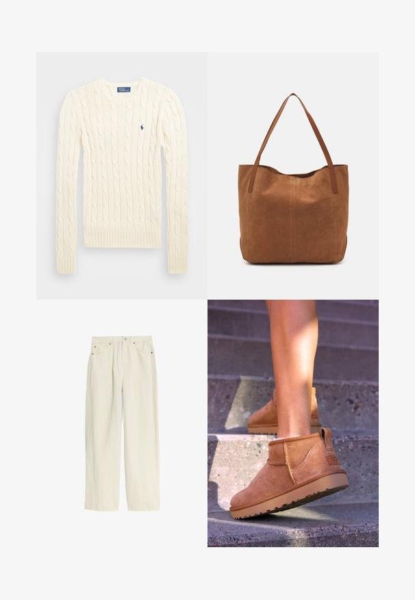 Crème kabelbreiselsweater met lange mouwen, geribbelde manchetten en zoom, met een klein geborduurd logo op de linkerkant van de borst.; Lichtcrème wijde broek van gestructureerde stof. Voorzien van een knoopsluiting, koperen klinknagels en vier zakken.; Tamme suède enkelboots met een zachte textuur, gestikte details en een rubberen zool, met een lusvormige hak voor gemakkelijk aan- en uittrekken.; Bruine suède shoppers met twee lange handvatten, met een gladde textuur, eenvoudig ontwerp en zonder zichtbare hardware of accenten.