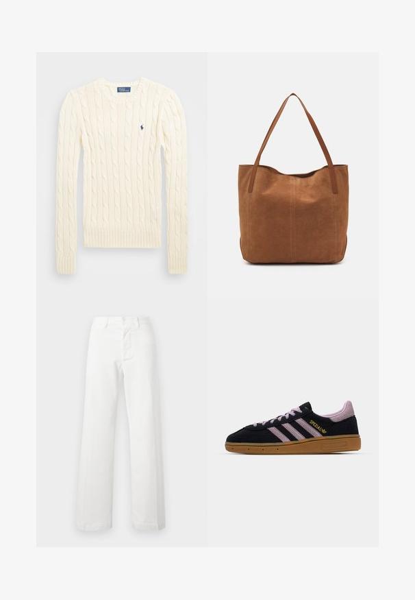 Pulover crem tricotat cu cablu, cu mâneci lungi, manșete și tiv ribdate, având un mic logo brodat pe pieptul stâng.; Pantaloni albi din bumbac, cu croială dreptă, prevăzuți cu închidere frontală cu nasturi și fermoar, bucle pentru curea și țesătură subtilă texturată.; Adaptoră de sport din suede negru și roz, cu talpă din cauciuc, trei dungi roz, branding auriu "SPEZIAL" și talpă texturată din cauciuc. Design de tip low-top.; Geantă tote din suede maro, cu două mânere lungi, caracterizată printr-o textură netedă, un design simplu și fără accesorii sau elemente metalice vizibile.