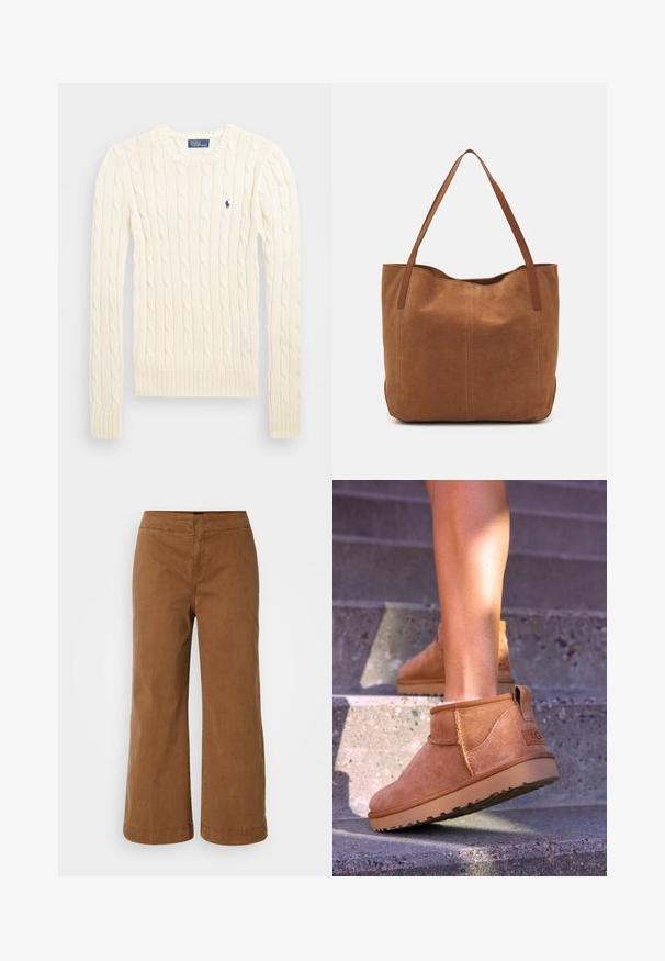 Cream cable-knit sweater with long sleeves, ribbed cuffs and hem, featuring a small embroidered logo on the left chest.; Brown wide-leg pants made of soft fabric with a smooth texture, featuring a high waist and stitched detailing.; Tan suede ankle boots with a soft texture, stitched detailing, and a rubber sole, featuring a looped heel for easy wear.; Brown suede tote bag with two long handles, featuring a smooth texture, simple design, and no visible hardware or accents.