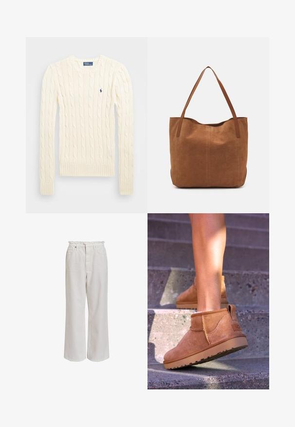 Krém színű, kabelmintás pulóver hosszú ujjal, bordás mandzsettával és aljjal, bal mellen egy kis hímzett logóval.; Fehér, bő szárú nadrág ráncolt derékrésszel, elülső zsebekkel és sima, puha textúrával. Könnyű pamut anyagból készült.; Barna nubuk bokacsizmák, puha textúrával, varrott részletekkel és gumitalpakkal, hurok alakú sarokkal a könnyű felvétel érdekében.; Barna velúr táska két hosszú fogantyúval, sima textúrával, egyszerű dizájnnal, és látható fém részek vagy díszítés nélkül.