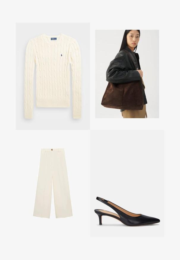 Krem pulover s kablom in dolgimi rokavi, žebljarji na manšetah in ob robu, vsebuje majhen izvezen logotip na levem prsnem delu.; Kremne široke hlače z visokim pasom, z gumbom za zapiranje in gladko teksturo brez vidnih vzorcev ali okrasov.; Črne usnjene čevlje na peto s koničastim nosom, nizko kitten peto in gladko teksturo. Imajo odprto zasnovo na zadnji strani in minimalne šive.; Ženska v črni usnjeni jakni in bež hlačah nosi veliko rjavo antilopasto torbo čez ramo.