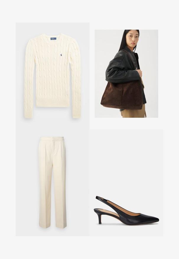 Krem pulover s pletenim kabelskim uzorkom, dugih rukava, s rebrastim manžetama i rubom, s malim izvezenim logotipom na lijevoj strani prsiju.; Prilagođene hlače krem boje s ravnim nogavicama, koje imaju prednje nabore i gladak završetak. Pojas je ravan i bez ukrasa.; Crne kožne slingback cipele sa špicastim vrhom, niskom kitten petom i glatkom teksturom. Imaju otvoreni dizajn straga i minimalne detalje šivanja.; Žena u crnoj kožnoj jakni i bež hlačama nosi veliku smeđu suknjicu preko ramena.