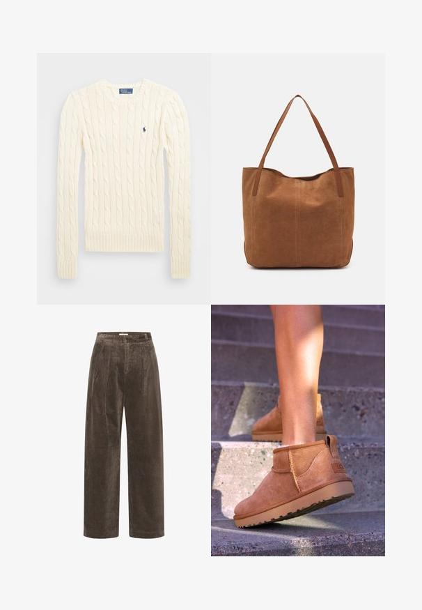 Crème kabelbreiselsweater met lange mouwen, geribbelde manchetten en zoom, met een klein geborduurd logo op de linkerkant van de borst.; Bruine corduroy wijde broek met plooien, met een zachte textuur en een medium hoge taille. De zoomafwerkingen zijn schoon en recht.; Tamme suède enkelboots met een zachte textuur, gestikte details en een rubberen zool, met een lusvormige hak voor gemakkelijk aan- en uittrekken.; Bruine suède shoppers met twee lange handvatten, met een gladde textuur, eenvoudig ontwerp en zonder zichtbare hardware of accenten.