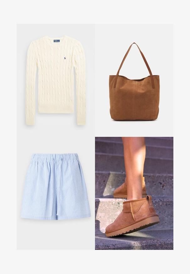 Pull en maille torsadée crème avec manches longues, poignets et ourlet côtelés, présentant un petit logo brodé sur la poitrine gauche.; Shorts rayés bleu clair avec une taille élastique et un détail de cordon de serrage. Fabriqués en tissu doux avec une coupe décontractée et un design plissé.; Bottines en suede beige avec une texture douce, des détails cousus et une semelle en caoutchouc, dotées d'un talon en boucle pour un enfilage facile.; Sac fourre-tout en suede marron avec deux longues poignées, présentant une texture lisse, un design simple, et sans matériel ni accents visibles.