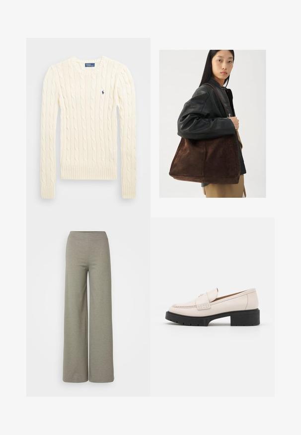 Kremfarget cable-knit genser med lange ermer, ribbede mansjetter og hem, med en liten brodert logo på venstre bryst.; Vide benbukser i lysegrått materiale, med elastisk midje og glatt tekstur, uten synlige mønstre eller maskinvare.; Lys beige lær loafers med en sydd front og en teksturert svart plattformhæl. Har et buet design og en lett heving.; Kvinne iført svart skinnjakke og beige bukser bærer en stor brun suedetote veske over skulderen.