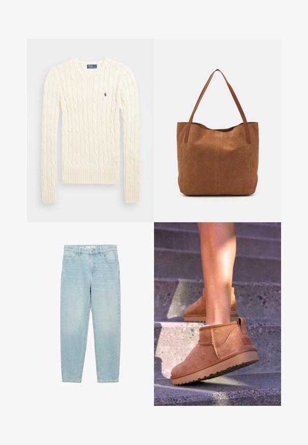 Krémový sveter s pleteným vzorom, dlhé rukávy, rebrované manžety a spodný lem, s malým vyšitým logom na ľavej hrudi.; Svetlomodré džínsy s priamym strihom, dizajn s piatimi vreckami, predné zapínanie na gombík a mierne vyblednutá textúra.; Hnedé semišové členkové topánky so svetlou textúrou, prešívanými detailmi a gumovou podrážkou, s pútkom na päte pre jednoduché obúvanie.; Hnedá semišová taška s dvoma dlhými rukoväťami, s hladkou textúrou, jednoduchým dizajnom a bez viditeľného hardvéru alebo akcentov.