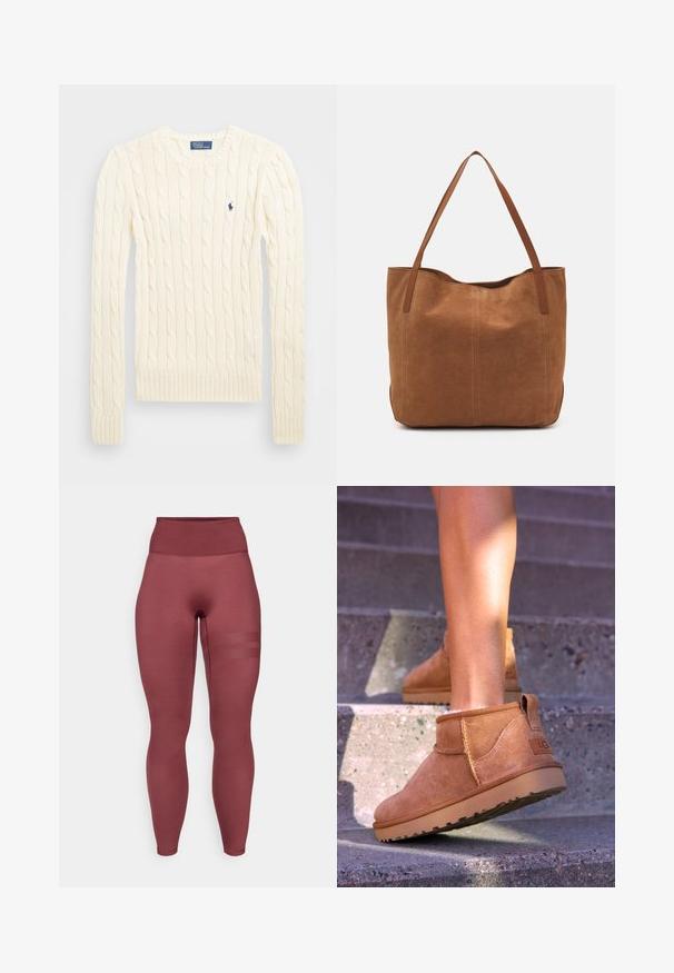 Suéter crema de punto trenzado con manga larga, puños y dobladillo acanalados, que presenta un pequeño logo bordado en el lado izquierdo del pecho.; Leggings burdeos de cintura alta confeccionados con una tela elástica. Presentan una textura suave y tres rayas de malla horizontales en el muslo.; Botas de tobillo de ante color beige con una textura suave, detalles de costura y una suela de goma, que cuentan con un tacón en bucle para facilitar su uso.; Bolso tote de ante marrón con dos asas largas, que presenta una textura suave, un diseño simple y sin herrajes ni acentos visibles.