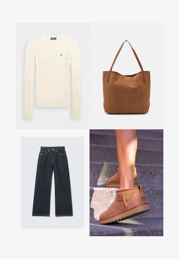 Krémový svetr s pleteným vzorem, dlouhými rukávy, žebrovanými manžetami a lemem, se malým vyšívaným logem na levé hrudi.; Tmavě modré široké džíny vyrobené z denimu, se zapínáním na knoflík a zip, pěti kapsami a kontrastními švy.; Světlé semišové kotníkové boty s měkkou strukturou, prošívanými detaily a gumovou podrážkou, s okrouhlým podpatkem pro snadné obouvání.; Hnědá semišová taška s dvěma dlouhými uchy, se hladkým povrchem, jednoduchým designem a bez viditelného kování nebo dekorací.