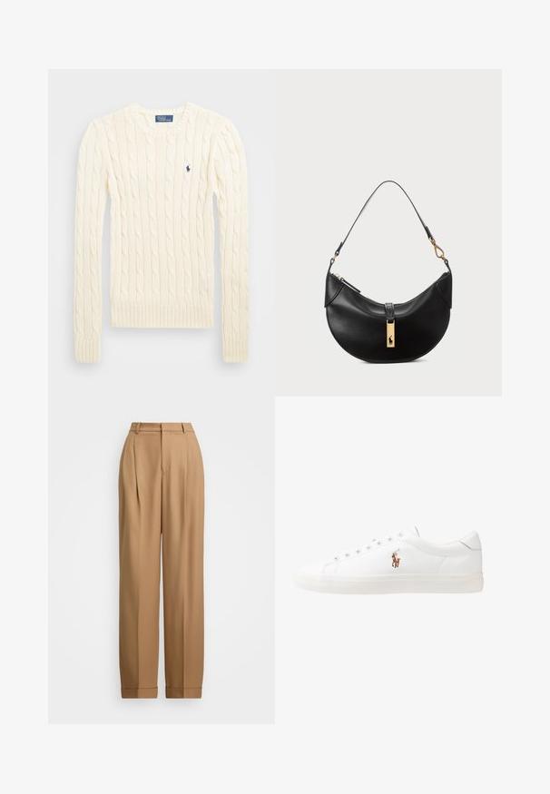 Krémový svetr s pleteným vzorem, dlouhými rukávy, žebrovanými manžetami a lemem, se malým vyšívaným logem na levé hrudi.; Beige kalhoty na míru s vysokým pasem, plisovaným předním dílem, zúženými nohavicemi a ohrnutými manžetami. Hladký materiál s jemnou strukturou.; Bílé kožené tenisky, nízký střih, s hladkým povrchem, kulatou špičkou, šněrováním v přední části a malým vyšitým logem na boku.; Černá kožená kabelka ve tvaru půlměsíce. Obsahuje zlaté kovové detaily a úzký popruh. Hladký povrch, zapínání na zip na vrchu.