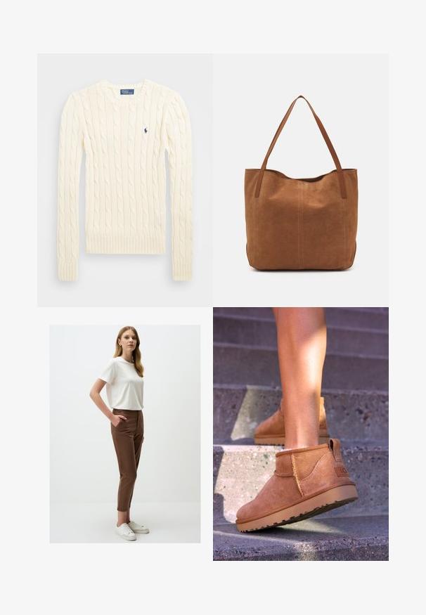 Cream cable-knit sweater with long sleeves, ribbed cuffs and hem, featuring a small embroidered logo on the left chest.; White short-sleeve t-shirt paired with brown fitted pants, featuring side pockets and a smooth texture, complemented by white sneakers.; Tan suede ankle boots with a soft texture, stitched detailing, and a rubber sole, featuring a looped heel for easy wear.; Brown suede tote bag with two long handles, featuring a smooth texture, simple design, and no visible hardware or accents.