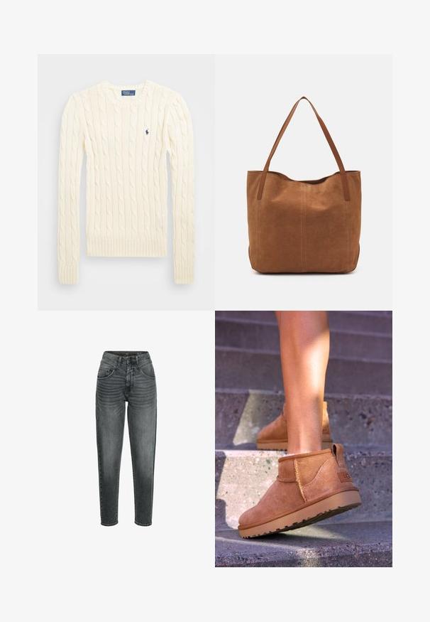 Cream cable-knit sweater with long sleeves, ribbed cuffs and hem, featuring a small embroidered logo on the left chest.; camel active MOM FIT 5-POCKET - Jeans Tapered Fit - dark grey used; Tan suede ankle boots with a soft texture, stitched detailing, and a rubber sole, featuring a looped heel for easy wear.; Brown suede tote bag with two long handles, featuring a smooth texture, simple design, and no visible hardware or accents.