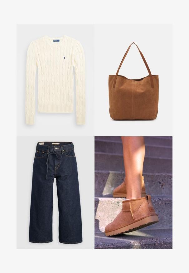 Kreemivärvi nöörkootud sviiter pikemate varrukatega, soonikvarrukate ja alläärega, millel on vasakul rinnal väike broderi logo.; Tumedat sinised laiad denim püksid paelaga vööl, ees olevate taskute ja kontrastsete oranžide õmbluse detailidega.; Kergedest nahast pahklu ботинки pehme tekstuuriga, õmmeldud detailide ja kummist tallaga, millel on sanga kand kergesti selga panemiseks.; Pruun nubukist kott kahe pika sangaga, millel on sile tekstuur, lihtne disain ja nähtavad riistvara või aksessuaarid puuduvad.