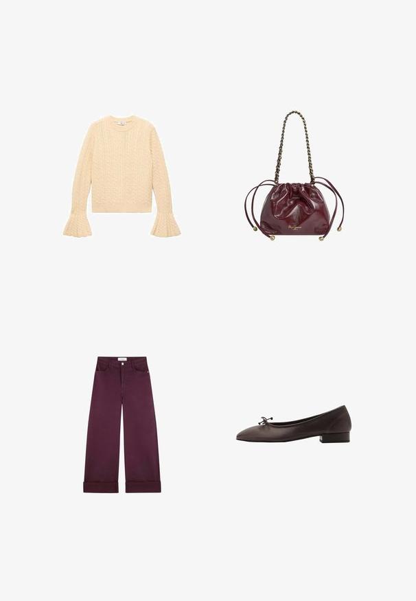 Cream-colored knit sweater with cable pattern, crew neck, and flared sleeves, laid flat on a white background.; Striped button-up shirt in blue, paired with black flared jeans and a black handbag. Smooth fabric and wide sleeves, casual fit.; Wide-leg pants in deep burgundy denim, featuring front pockets, a button closure, and rolled cuffs for added detail.; Brown leather ballet flat with a rounded toe and small block heel. Features a thin bow at the front and subtle stitching details.; Burgundy leather drawstring bag with chain handle, gathered top, metallic accents, and logo detail at the base. Smooth, glossy texture.