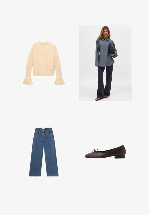 Pull en tricot crème avec motif en torsade, col ras du cou et manches évasées, posé à plat sur un fond blanc.; Chemise à rayures bleu, associée à un jean noir évasé et un sac à main noir. Tissu doux et manches larges, coupe décontractée.; Jeans en denim bleu à jambes larges avec des motifs floraux brodés en orange et blanc, dotés d'une fermeture à bouton et de poches avant.; Ballerines en cuir brun avec un bout rond et un petit talon carré. Présentent un fin nœud à l'avant et des détails de couture subtils.
