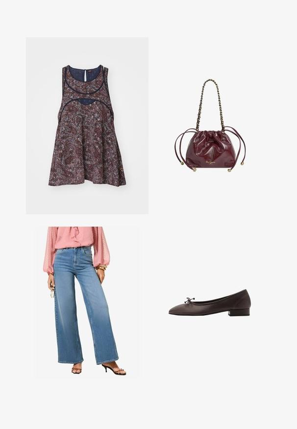 Cream-colored knit sweater with cable pattern, crew neck, and flared sleeves, laid flat on a white background.; Floral-patterned sleeveless top in dark hues with light accents, featuring a round neckline and a keyhole back detail, made of lightweight fabric.; Light blue high-waisted wide-leg jeans with a classic denim finish. Paired with a pink ruffled blouse and strappy black heeled sandals.; Brown leather ballet flat with a rounded toe and small block heel. Features a thin bow at the front and subtle stitching details.; Burgundy leather drawstring bag with chain handle, gathered top, metallic accents, and logo detail at the base. Smooth, glossy texture.