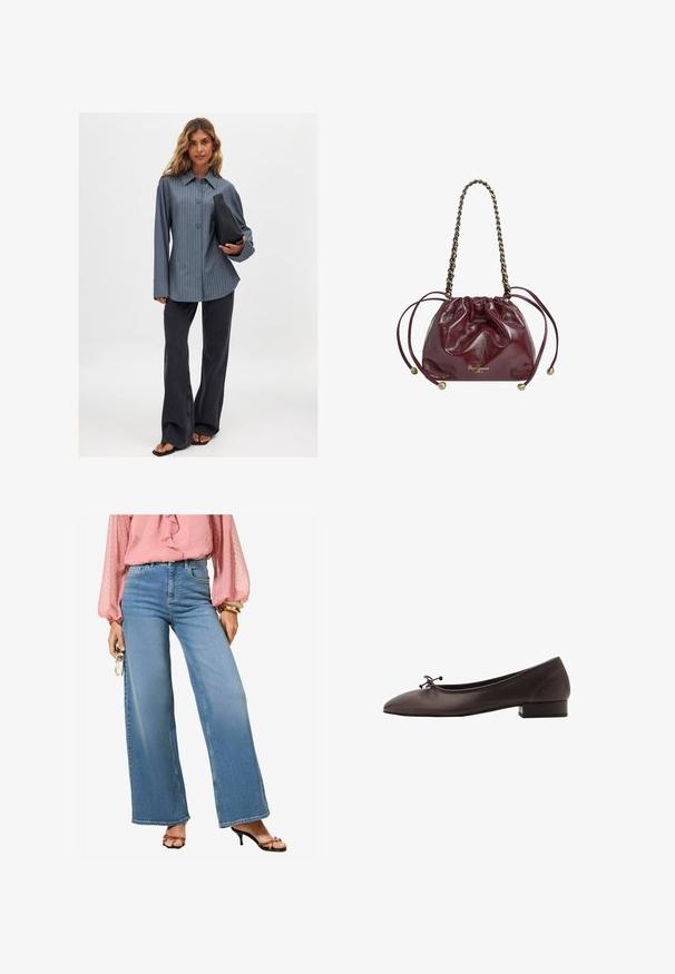 Cremefarvet strikket sweater med kabelmønster, rund hals og udvidede ærmer, lagt fladt på en hvid baggrund.; Stribet skjorte i blå, parret med sorte flagrende jeans og en sort håndtaske. Glat stof og brede ærmer, afslappet pasform.; Lyseblå højtaljede bukser med bred benvidde og en klassisk denimfinish. Kombineret med en pink volangbluse og sorte højhælede sandaler med stropper.; Brune læder balletflade med rund tå og lille blokhæl. Har en tynd sløjfe foran og diskrete syningsdetaljer.; Bordeaux læder taske med snørelukning og kædehåndtag, samlet top, metalliske detaljer og logobeskrivelse i bunden. Glat, blank tekstur.