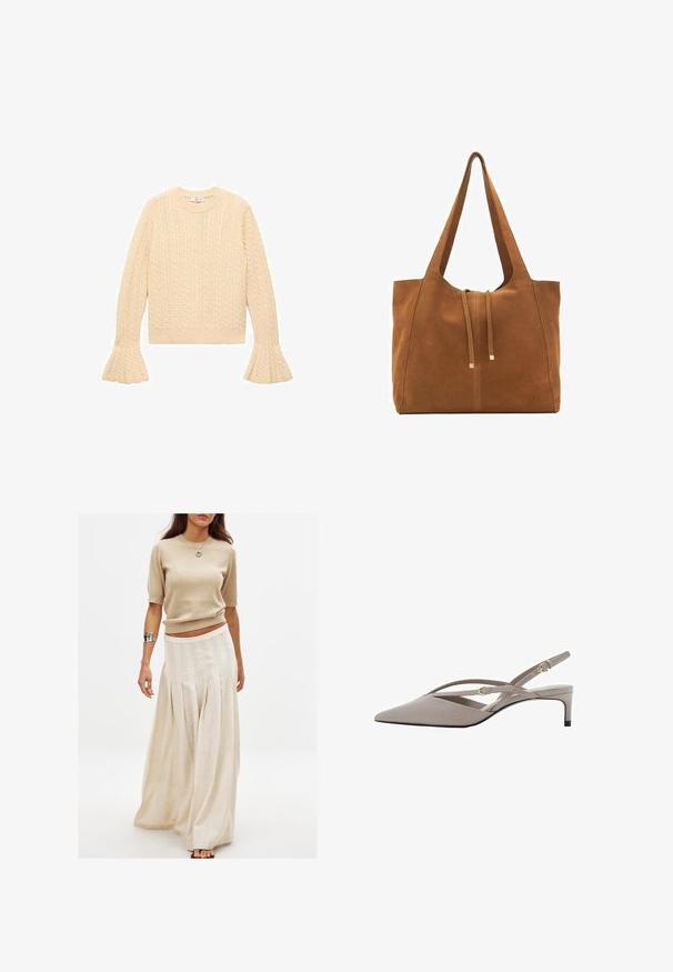 Sweter z dzianiny w kolorze kremowym z wzorem w warkocze, z okrągłym dekoltem i rozkloszowanymi rękawami, ułożony na płasko na białym tle.; Beżowy, dziany top z krótkim rękawem połączony z długą, zwiewną kremową spódnicą z pionowymi fałdami i gładką fakturą.; Beżowe szpilki slingback z ostrym noskiem, cienkimi skrzyżowanymi paskami i niskim obcasem stiletto. Gładki materiał z akcentami w kolorze złota.; Brązowa torba tote z zamszu z dwoma długimi paskami, zamknięciem na sznurek i minimalistycznym wzornictwem. Gładka tekstura i brak widocznych akcentów metalowych.