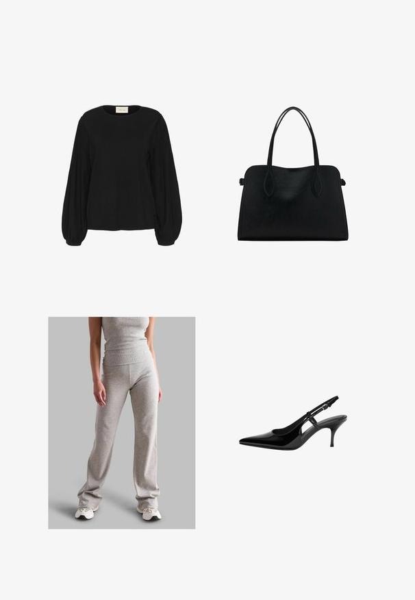Crni dugouški top s okruglim izrezom, koji ima teksturirane rukave u obliku balona i rebraste manžete. Izrađen od mekog pletenog materijala.; Sivi rebrasti top bez rukava i odgovarajuće hlače izrađene od rastezljivog materijala. Hlače imaju ležeran dizajn i kombinirane su sa svijetlim tenisicama.; Crne lakirane kožne sandale sa otvorenom petom, špicastim prstom, otvorima sa strane, tankom potpeticom i podesivom trakom oko članaka.; Crna kožna torba s dvostrukim naramenicama, pravokutnog oblika i minimalističkim dizajnom na bijeloj pozadini.