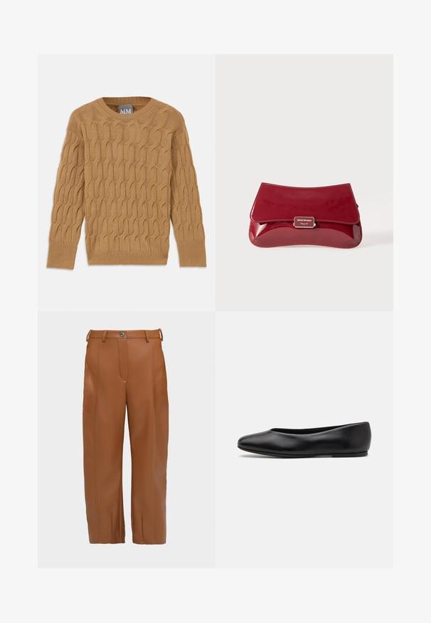 Brązowy sweter dziany z wzorem warkoczowym, okrągłym dekoltem i długimi rękawami. Rękawy i dół wykończone ściągaczem, wykonany z miękkiego, teksturowanego materiału.; Brązowe spodnie z sztucznej skóry o prostym kroju, z detalami w postaci szwów z przodu, dwiema pętelkami na pasek oraz pojedynczym zapięciem na guzik w talii.; Paul Smith TOPANGA czarny; Czerwony lakierowany skórzany kopertówka o zaokrąglonym kształcie, z klapą składana oraz metalowym logo na srebrnej tabliczce. Gładka, błyszcząca tekstura.