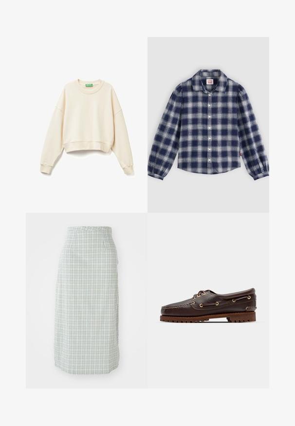 Crème-kleurige cropped sweatshirt gemaakt van zachte stof. Heeft een brede halslijn, lange mouwen, geribbelde manchetten en een subtiele geborduurde logodetail.; Marineblauw en witte geruite langekorte shirt met een knoopsluiting aan de voorkant, klassieke kraag en gathered manchetten. Gemaakt van lichtgewicht stof.; Een knie-lange rok in een lichtgroen en wit geruit patroon, met een soepele textuur en een getailleerde snit met zijzakken.; Bruine leren bootsschoen met gouden oogjes, ronde veters en een gestructureerde bruine rubberen zool. Kenmerkt zich door gestikte details en een verhoogd logo.
