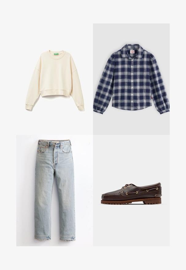 Felpa cropped di colore crema realizzata in tessuto morbido. Presenta un'ampia scollatura, maniche lunghe, polsini a costine e un sottile dettaglio del logo ricamato.; Camicia a maniche lunghe a quadri blu navy e bianca con chiusura a bottoni, colletto classico e dettagli di polsini arricciati. Realizzata in tessuto leggero.; Jeans in denim azzurro chiaro con design a gamba dritta, caratterizzati da orlo strappato, rivetti di rame e stile classico a cinque tasche.; Scarpa da barca in pelle marrone con occhielli dorati, lacci tondi e una suola in gomma marrone texturizzata. Presenta dettagli cuciti e un logo in rilievo.