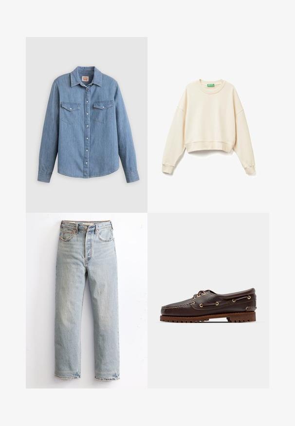 Sudadera corta color crema hecha de tela suave. Presenta un escote amplio, mangas largas, puños acanalados y un sutil detalle de logo bordado.; Camisa de mezclilla azul claro con mangas largas, cierre de botones al frente, dos bolsillos en el pecho y cuello clásico. Textura suave y ajuste relajado.; Jeans de denim azul claro con un diseño de pierna recta, que presentan un dobladillo desgastado, remaches de cobre y un estilo clásico de cinco bolsillos.; Zapato náutico de cuero marrón con ojales dorados, cordones redondos y suela de goma marrón texturizada. Presenta detalles de costura y un logotipo elevado.