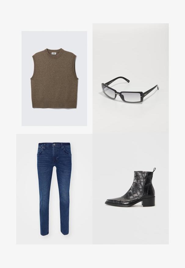 Bela pletena brezrokavna jopica z ribastim okroglim izrezom, izrezom za roke in robom, položena na beli podlagi.; Lee LUKE - Kavbojke slim fit - holland blue; Črne gležnjarje iz strukturirane umetne usnje s krokodilnim vzorcem, z kvadratnim nosom in blokastim peto.; Črne pravokotne sončna očala z gradientnimi lečami, ki imajo debele okvirje in kovinske detajle na rokah. Gladka tekstura po celotni površini.