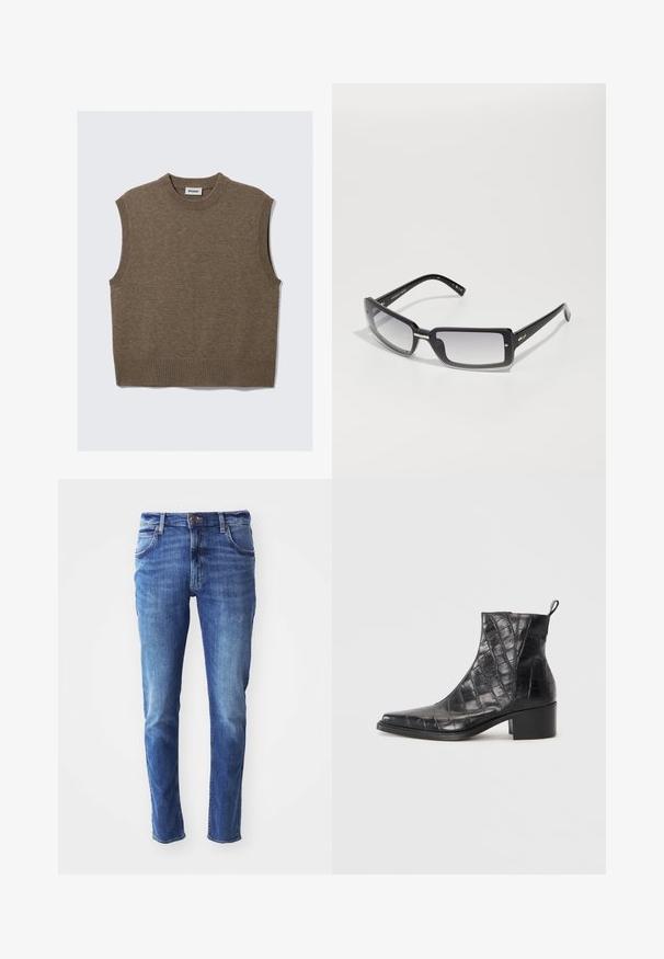 Pruun kudum sisetaks kätevaba sviiter vest ribaga ümar kaelus, käeaugud ja alumine ääre osa, laotatuna valgel taustal.; Sinine teksariie slim-fit lõikega, viie taskuga ja kerge kulumisjälgiga. Omab bränditud nööbi ja tõmbluku sulgemist.; Mustad musta faux nahast ankle boots krokodilli mustriga, millel on ruutjas varvas ja plokk-kanna.; Mustad ristkülikukujulised prillid gradient objektiividega, pakse raami ja metallist aktsentdetailidega varrukatel. Ühtlane tekstuur kogu ulatuses.