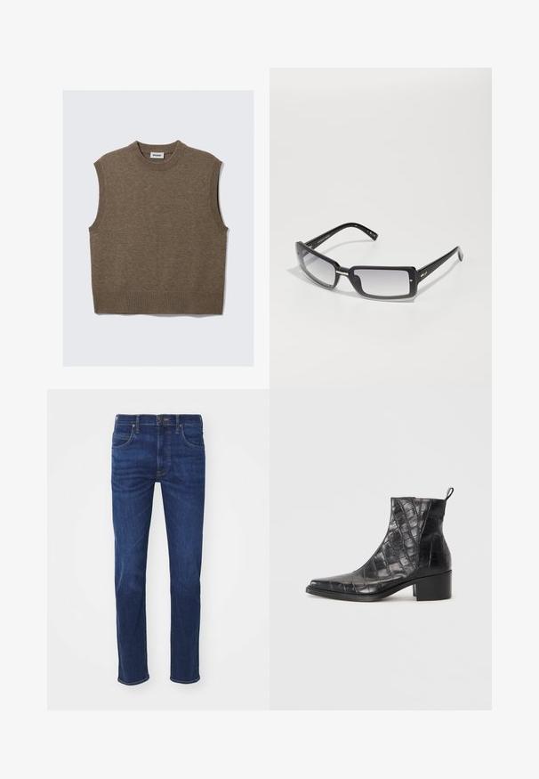Chaleco de punto sin mangas de color marrón con cuello redondo acanalado, sisas y dobladillo, colocado sobre un fondo blanco.; Jeans de denim azul con un diseño de pierna recta, cinco bolsillos y cierre de botón. La tela tiene una textura suave con un ligero desgaste.; Botines negros de tobillo hechos de cuero sintético texturizado con un patrón de cocodrilo, que cuentan con una puntera cuadrada y un tacón ancho.; Gafas de sol rectangulares negras con lentes degradados, con un marco grueso y detalles metálicos en las varillas. Textura suave en toda su superficie.