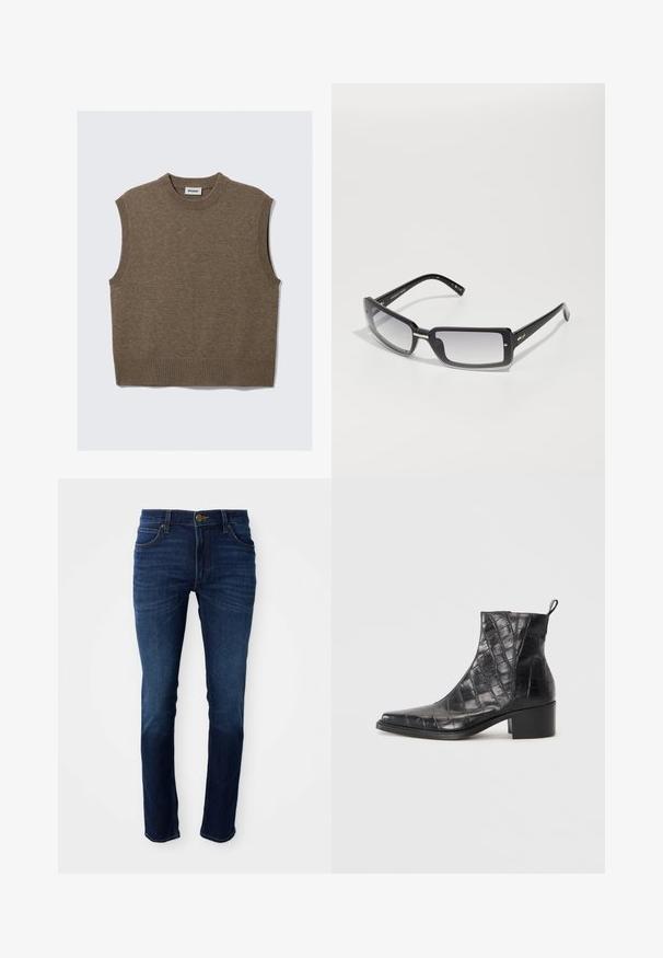 Ruskea neulottu hihaton villatakki, jossa on ribbineuleinen pyöreä kaula-aukko, kädentiet ja helma, aseteltuna tasaisesti valkoiselle taustalle.; Tummansininen denimfarkut klassisella suoralinjaisella leikkuulla, jossa on napitus ja viisi taskua. Kangas on sileä.; Mustat nilkkurit, jotka on valmistettu teksturoidusta keinonahasta krokotiilikuviolla, neliönmuotoisella kärjellä ja tukevalla kantapäällä.; Mustat suorakulmaiset aurinkolasit, joissa on gradienttilinssi, paksu kehys ja metalliset yksityiskohdat varsissa. Sileä pinta koko ajan.