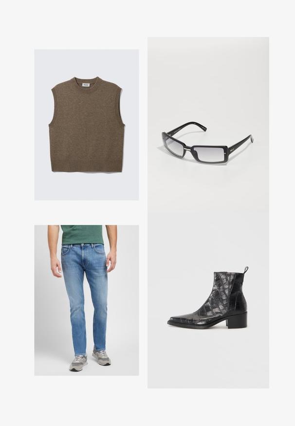 Ruskea neulottu hihaton villatakki, jossa on ribbineuleinen pyöreä kaula-aukko, kädentiet ja helma, aseteltuna tasaisesti valkoiselle taustalle.; Vaaleansiniset farkut, joissa on suora lahje, viisi taskua, kontrastiväriset tikkaukset ja kulunut viimeistely. Yhdistetty harmaisiin lenkkikenkiin.; Mustat nilkkurit, jotka on valmistettu teksturoidusta keinonahasta krokotiilikuviolla, neliönmuotoisella kärjellä ja tukevalla kantapäällä.; Mustat suorakulmaiset aurinkolasit, joissa on gradienttilinssi, paksu kehys ja metalliset yksityiskohdat varsissa. Sileä pinta koko ajan.