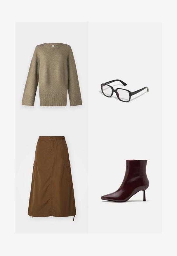 Ελαιόχρωμο πλεκτό πουλόβερ με στρογγυλή λαιμόκοψη, χαμηλώμένα ώματα και ριμπ μανσέτες. Το ύφασμα φαίνεται μαλακό με λεπτές λεπτομέρειες υφής.; Καφέ φούστα μέχρι τον αστράγαλο φτιαγμένη από ανθεκτικό ύφασμα. Διαθέτει ελαστική μέση, κλείσιμο με κουμπί και πλαϊνές τσέπες cargo. Λείος υφιστάμενος.; Μπορντό παπουτσάκι με λουστρίνη μέχρι τον αστράγαλο, με μυτερή μύτη και λεπτό στιλέτο τακούνι, διαθέτοντας λεία, γυαλιστερή υφή και μίνιμαλ σχεδίαση.; Μαύρα ορθογώνια γυαλιά με διαυγείς φακούς, με στρογγυλές γωνίες και πλευρικές λεπτομέρειες, με γυαλιστερό φινίρισμα στο σκελετό και τα βραχίονες.