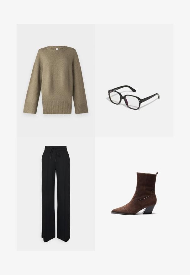 Olivno zeleni pleteni pulover z okroglim izrezom, spuštenimi rameni in rebrastimi manšetami. Tkanina se zdi mehka z diskretnimi teksturami.; Črne široke hlače iz mehkega materiala. Imajo elastičen pas z vrvico, čiste linije in brez vidnih vzorcev ali poudarkov.; Rjave zamškaste gležnjarje s koničastim nosom, okrašene s srebrnimi žebljički v dekorativnem vzorcu, ter s strnjeno peto za stabilnost.; Črne pravokotne očala z prozornimi lečami, z zaobljenimi robovi in stranskimi dodatki, z gladkim finišem na okvirju in ročajih.