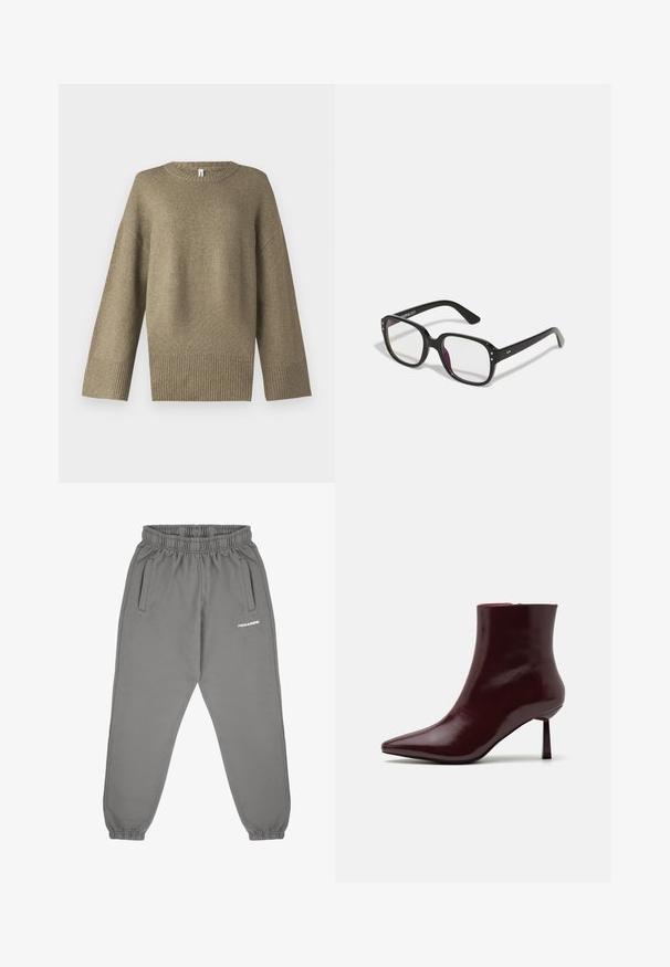 Olivenfarget strikkegenser med rund hals, droppe skuldre og ribbestrikkede mansjetter. Stoffet ser mykt ut med subtile teksturdetaljer.; Pegador VILLA HIGH WAISTED - Joggebukse - washed deep grey,white gum; Burgunder patentlær ankle boot med spids tå og en slank stilethæl, der har en glat, shiny overflade og minimalistisk design.; Svart rektangulære briller med klare linser, med avrundede kanter og sideakenter, med en blank finish på rammen og armene.