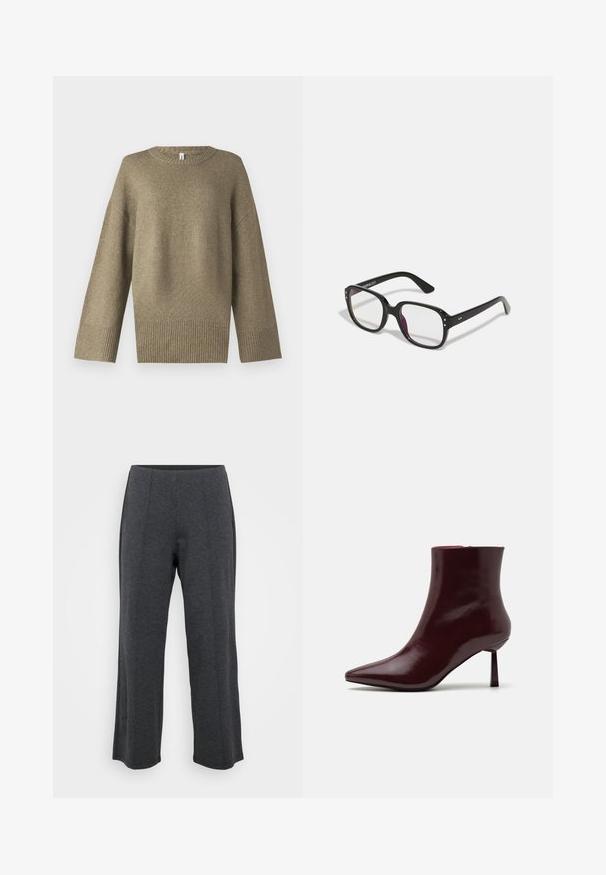 Suéter de punto verde oliva con cuello redondo, hombros caídos y puños acanalados. La tela parece suave con un sutil detalle de textura.; Pantalones de pierna ancha en gris oscuro, hechos de una tela suave y elástica. Presentan una cinturilla suave y un frente plano con pliegues sutiles para un detalle adicional.; Botín de charol burdeos con punta afilada y tacón de aguja delgado, que presenta una textura suave y brillante y un diseño minimalista.; Gafas rectangulares negras con lentes transparentes, con bordes redondeados y acentos laterales, con un acabado brillante en el marco y las patillas.