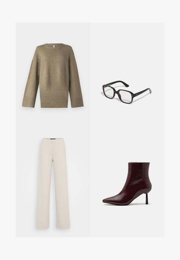 Olive green knit sweater with a rounded neckline, dropped shoulders, and ribbed cuffs. The fabric appears soft with subtle texture detail.; Vero Moda Tall VMBERLIN ZAMIRA WIDE - Trousers - pumice stone; Burgundy patent leather ankle boot with a pointed toe and a slim stiletto heel, featuring a smooth, glossy texture and minimalistic design.; Black rectangular glasses with clear lenses, featuring rounded edges and side accents, with a glossy finish on the frame and arms.