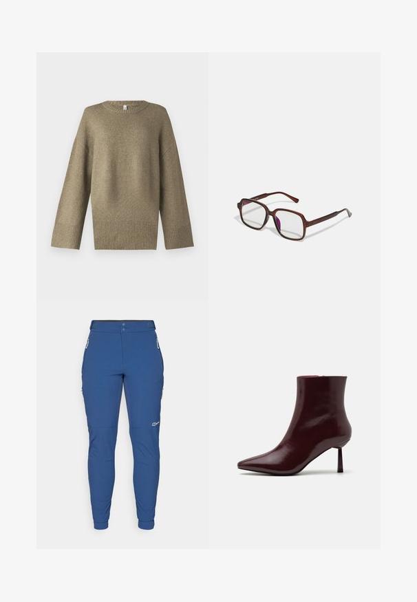 Olívazöld kötött pulóver kerek nyakkivágással, ejtett vállakkal és bordázott mandzsettákkal. Az anyag lágy tapintású, finom textúrával rendelkezik.; Kék, rugalmas anyagú, slim fit nadrág, amely két cipzáras oldalsó zsebbel és elasztikus mandzsettával rendelkezik, outdoor tevékenységekhez tervezve.; Burgundi színű, lakkozott bőrből készült bokacsizma, hegyes orral és karcsú stiletto sarokkal, sima, fényes textúrával és minimalista dizájnnal.; Barna, téglalap alakú szemüveg áttetsző lencsékkel és lila árnyalattal. Simító műanyag keret, egyenes szárakkal és diszkrét díszítésekkel.
